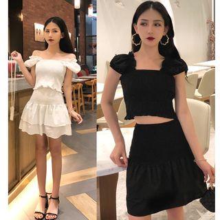 Set: Short-sleeve Smocked Top + Mini Layered Skirt