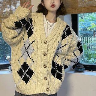 Argyle Cardigan Beige - One Size