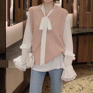 Tie-neck Chiffon Blouse / Sleeveless Cable Knit Top