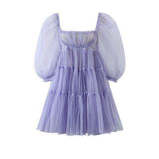 Puff-sleeve Plaid Mini Smock Dress