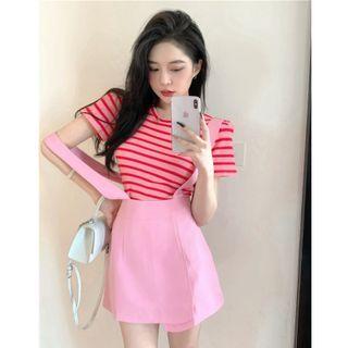 Short-sleeve Striped Slim-fit Top / Plain Slim-fit Overall Skirt