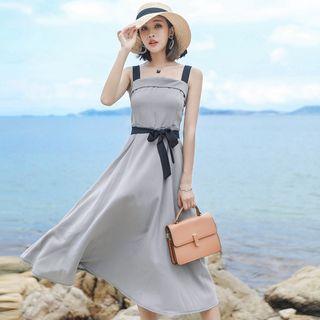 Tie Waist Plaid Midi A-line Dress