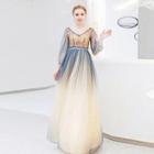 Embellished Long-sleeve A-line Gradient Evening Gown