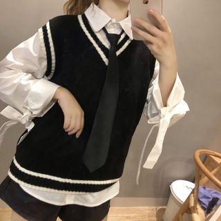 Long-sleeve Shirt With Tie / V-neck Knit Vest