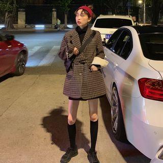 Belted Waist Plaid Lapel Collar Blazer