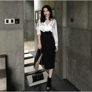 Metallic V-neck Long-sleeve Loose-fit Shirt / Plain High-waist Skirt