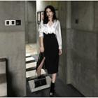 Metallic V-neck Long-sleeve Loose-fit Shirt / Plain High-waist Skirt