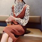 Set: Floral Print Shirt + Spaghetti Strap Knit Dress