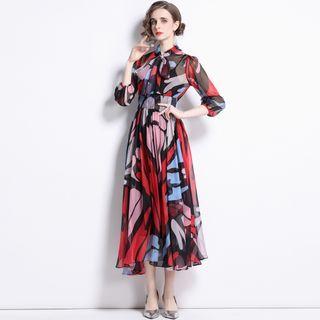 Puff-sleeve Tie-neck Geometric Print Midi A-line Dress