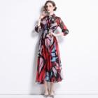 Puff-sleeve Tie-neck Geometric Print Midi A-line Dress