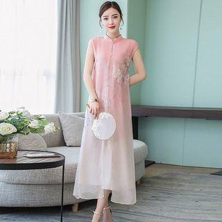 Traditional Chinese Cap-sleeve Printed Floral A-line Midi Dress