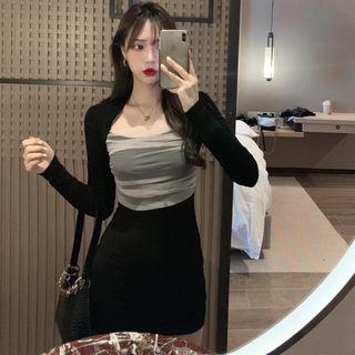 Long-sleeve Two-tone Mini Dress Black - One Size