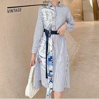 Long-sleeve Print Panel Striped Shirt Dress