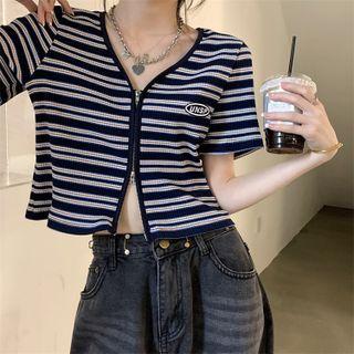 Short-sleeve Applique Zipped Striped Top