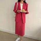 Set: Plain Single-breasted Blazer + Midi Pencil Skirt