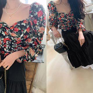 Shirred Smocked-back Floral Blouse Red - One Size