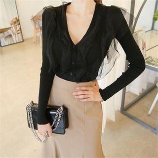 V-neck Long-sleeve Mesh-trim Cardigan