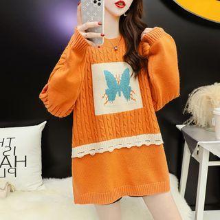 Butterfly Print Cable Knit Sweater
