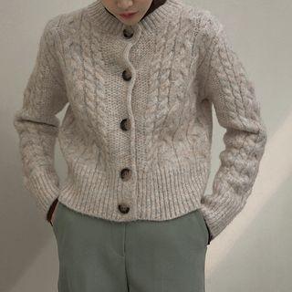 Round-neck Cable-knit Cardigan Melange Beige - One Size