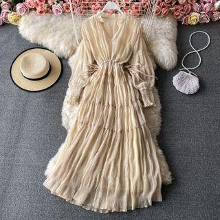Long Sleeve Crinkled Chiffon Maxi Dress