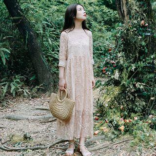 Set: Embroidered 3/4-sleeve A-line Maxi Dress + Strappy Dress