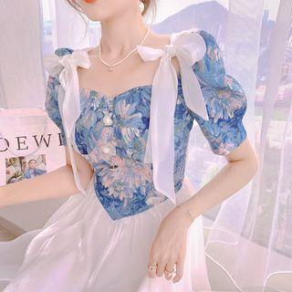 Short-sleeve Bow Floral Print Midi Dress