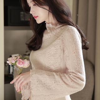 Frilled Mock-neck Lace Sheer Top