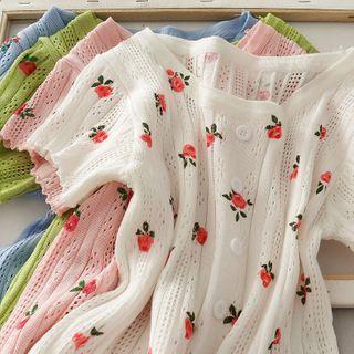 Eyelet Strawberry-print Short-sleeve Top