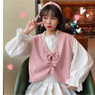 Ruched Plaid Vest / Ruffled Blouse