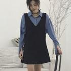 Set: Chiffon Blouse + V-neck Sleeveless Plain A-line Dress