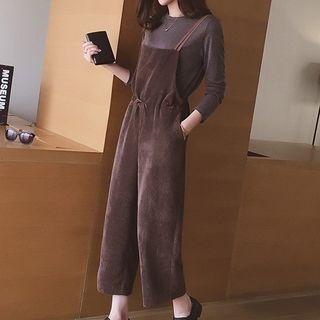 Set: Plain Long-sleeve Top + Corduroy Dungaree