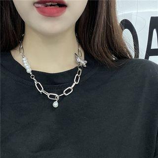Butterfly Faux Pearl Alloy Necklace 1pc - Silver - One Size