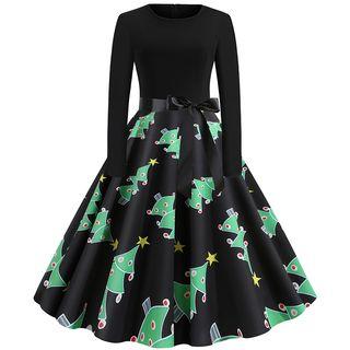 Long-sleeve Panel Christmas Tree Print Dress