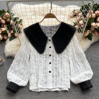 Peter Pan Collar Color Block Long-sleeve Chiffon Top