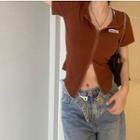 Short-sleeve Lettering Zip-up Knit Top Brown - One Size