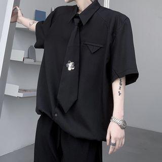 Elbow-sleeve Embellished Tie Shirt