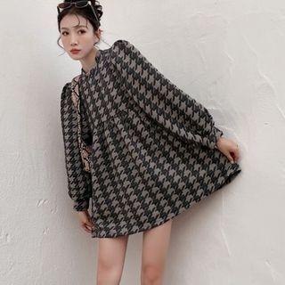 Color-block Plaid Puff-sleeve Dress Gray - One Size