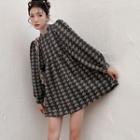 Color-block Plaid Puff-sleeve Dress Gray - One Size