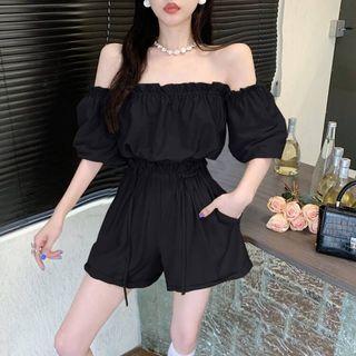 Set: Short-sleeve Off-shoulder Blouse + Wide Leg Shorts