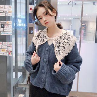 V-neck Cardigan / Long-sleeve Lace Collared Top