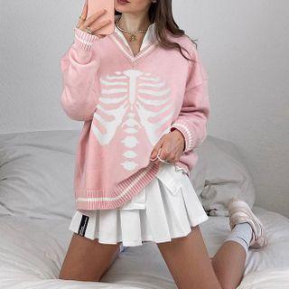 V-neck Skeleton Graphic Sweater