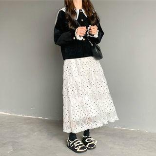 Collared Buttoned Jacket / Dotted A-line Midi Skirt