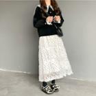 Collared Buttoned Jacket / Dotted A-line Midi Skirt
