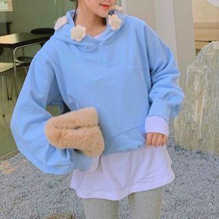 Flower Embellished Hoodie Blue - One Size