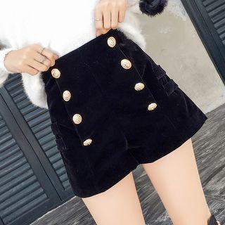 Plain Double-breasted Velvet High-waist A-line Shorts