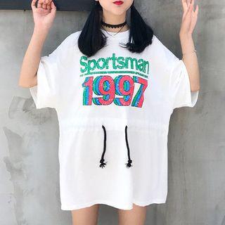 Lettering Elbow Sleeve Drawstring Waist T-shirt Dress