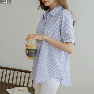 Button-side Puff-sleeve Stripe Shirt
