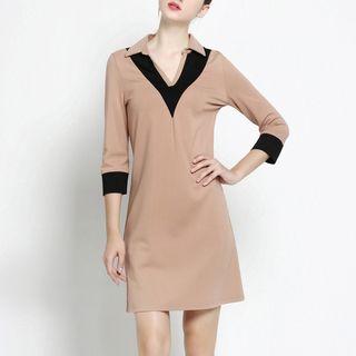 Two Tone 3/4-sleeve Collared Dress