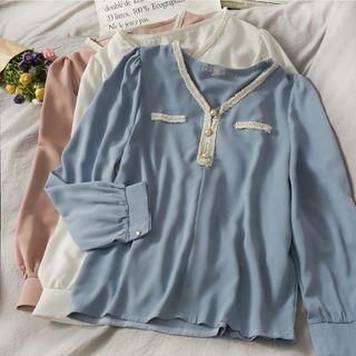 Contrasted Puff-sleeve V-neck Top