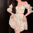 Bell-sleeve Off-shoulder Print Top / Mini A-line Skirt